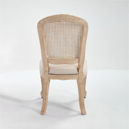 Set of 2 Beige French Country Fan Rattan Back Dining Chairs, Carved Wire Drawing Solid Wood Disassemblable Chairs