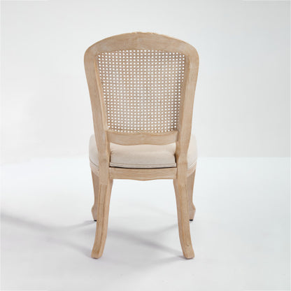 Set of 2 Beige French Country Fan Rattan Back Dining Chairs, Carved Wire Drawing Solid Wood Disassemblable Chairs