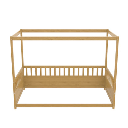 Twin Size Canopy Bed Frame with Guardrails for Kids,Floor Bed Twin with Four Poster Design,Kids Montessori Floor Bed,Wood Canopy Bed Frame for Girls,Boys(Twin,Natural)