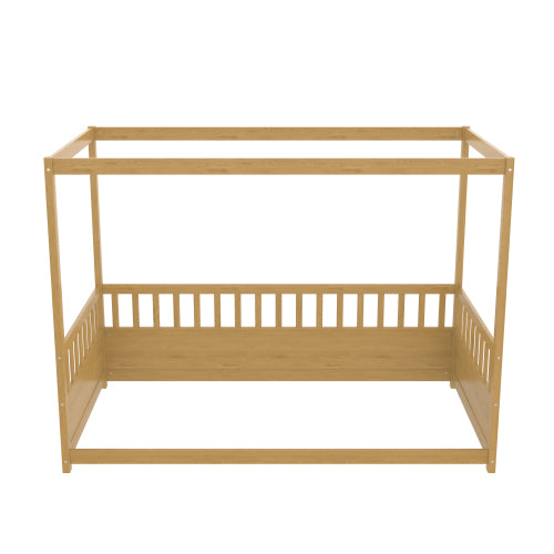 Twin Size Canopy Bed Frame with Guardrails for Kids,Floor Bed Twin with Four Poster Design,Kids Montessori Floor Bed,Wood Canopy Bed Frame for Girls,Boys(Twin,Natural)