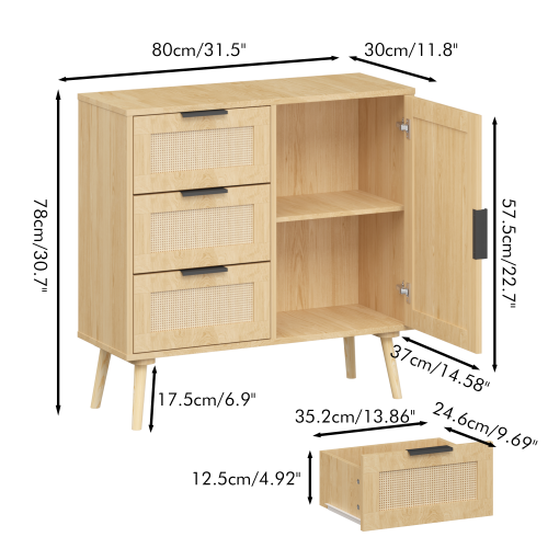 Modern Rattan Wood Dresser 3 Drawer Storage Cabinet with Adjustable Shelf Anti Tip