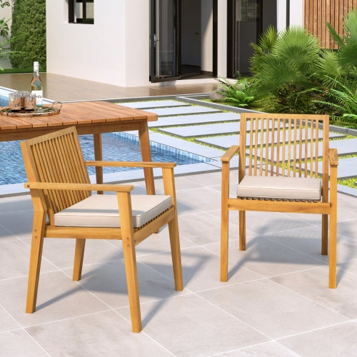 Patio Dining Chair Set of 2 - Sturdy Acacia Wood, Comfortable Waterproof Seating, 400 lbs Capacity, Natural Color Frame