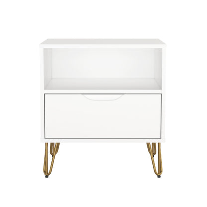 White Modern Nightstand with Drawer, Shelf & Metal Legs