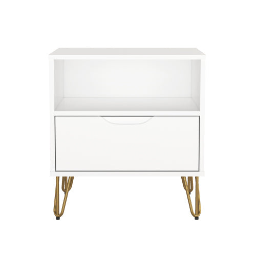 White Modern Nightstand with Drawer, Shelf & Metal Legs