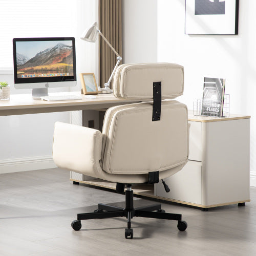 Criss Cross Chair with Adjustable Armrests & Wheels & Headrest, PU Lounge Vanity Desk Chair with Wide Seat for Cross-Legged Sitting, Swivel Task Office Chairs for Home, Makeup, Gaming, Office, Beige