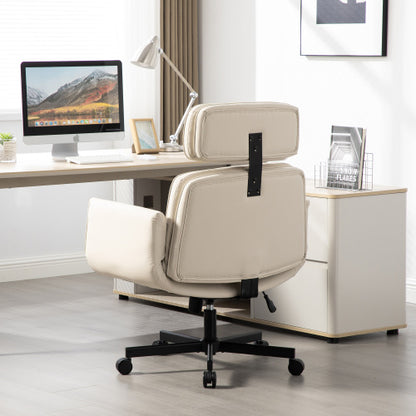 Criss Cross Chair with Adjustable Armrests & Wheels & Headrest, PU Lounge Vanity Desk Chair with Wide Seat for Cross-Legged Sitting, Swivel Task Office Chairs for Home, Makeup, Gaming, Office, Beige