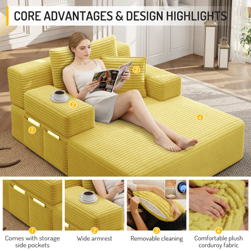 Oversized Yellow Corduroy Convertible Sofa Bed w/Storage Pockets