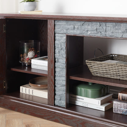 70 Inch Cherry Faux Stone 2-Door TV Media Console Adjustable Storage Shelves 6 Cable Holes Holds 75 Inch TV