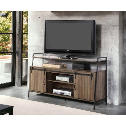 Rustic Oak & Black 60 Inch TV Stand with Sliding Barn Door for 58 Inch TV