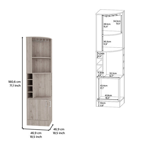Corner bar cabinet 71 inch H, with two shelves at the top, 1 glass holder, 8 exterior bottle racks, 1 central shelf and a lower drawer with 2 side doors, light gray