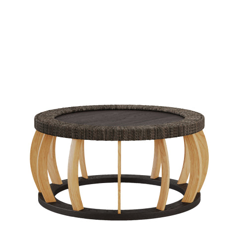 35.43inch  Vintage Rattan Round Coffee Table, Solid Wood Curved Leg Boho Table, Black Brown, 110lbs Capacity