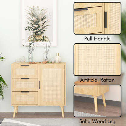 Modern Rattan Wood Dresser 3 Drawer Storage Cabinet with Adjustable Shelf Anti Tip