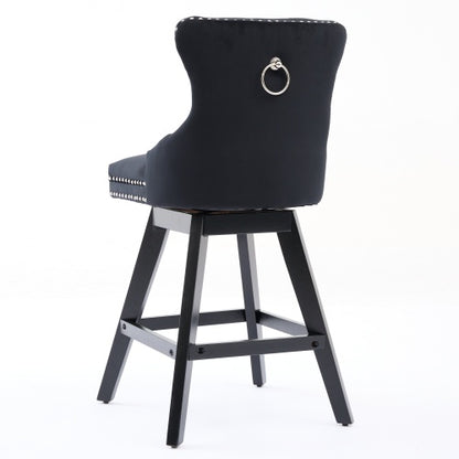 Swivel Velvet Barstools with Button Tufted Decoration and Wooden Legs, and Chrome Nailhead Trim, Leisure Style Bar Chairs,Bar stools, Set of 2 (Black)