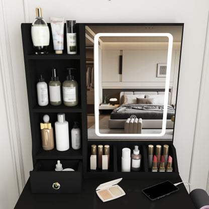 Black Small Vanity Desk w/ LED Mirror, 3 Drawers, Open Shelves, Power Socket, Hair Dryer Holder & Dressing Chair