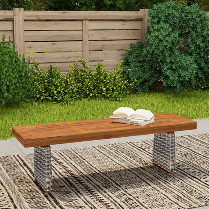 Outdoor 1pcs Acacia Wood Bench,Teak Finish+ Grey Wicker