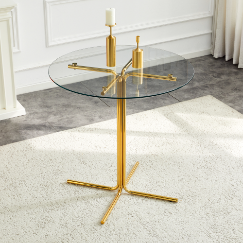Round glass bar high table, 36 inch round bar table, tempered glass tabletop, sturdy gold chrome plated four column support, suitable for transparent round bar tables in small spaces, kitchens