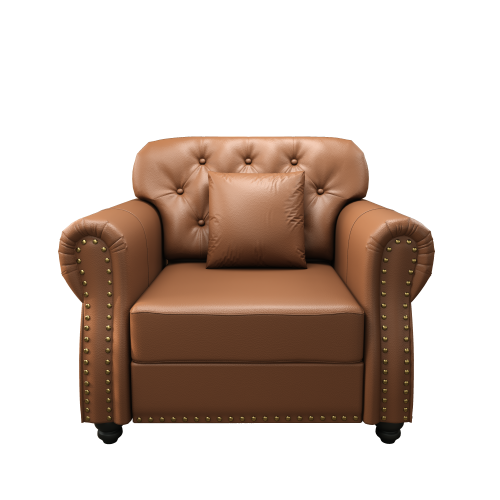 41.3 Inch Brown Mid-Century Faux-Leather Sofa Nailhead Trim Button Tufted with 1 Pillow