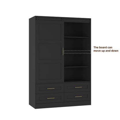 Tall Bedroom Armoire Wardrobe Closet Clothing Storage Cabinet with Hanging Rod Barn Door Drawers Open Shelves