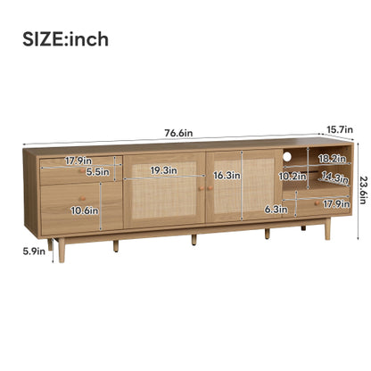 76.6 inch Natural Real Rattan TV Stand 3 Drawer Entertainment Center Fits 65¨C85 Inch TV