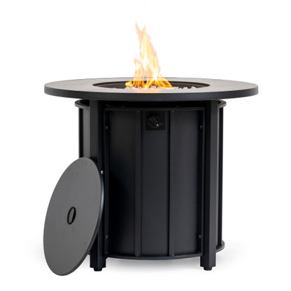 30" Propane Gas Fire Pit Table, 50000 BTU Round Steel Fire Pit with Wood Grain Ceramic Tabletop for Outside Patio Deck Garden Backyard- Black