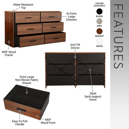 6-Drawer Dresser with Large Fabric Drawers, Walnut