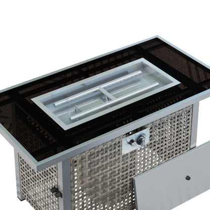 43 Propane Gas Fire Pit Table, 60000 BTU Rectangular Open Weave Wicker Fire Pit with Glass Wind Guard for Outside Patio Deck Garden Backyard