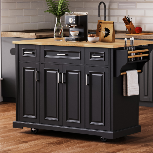 54 Inch Rolling Kitchen Island with Drop Leaf Drawers & Wheels Black