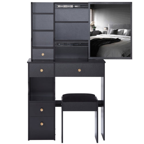 29.2" Small Space Left Drawer Desktop Vanity Table + Cushioned Stool, Extra Large Right sliding mirror, Multi Layer High Capacity Storage, Practical Fashionable Dresser, Suitable For Small Space