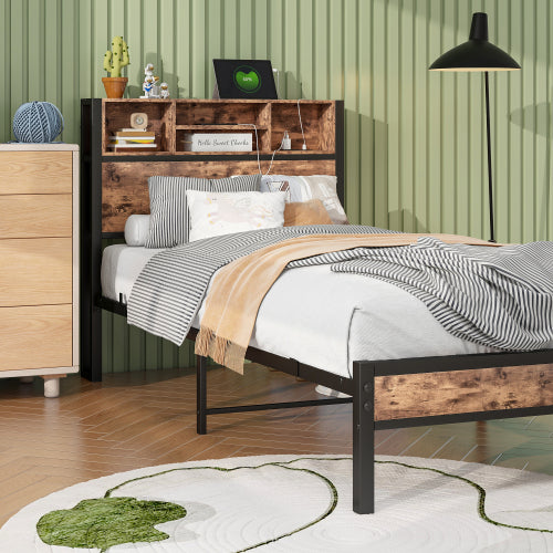 Twin Size Bed Frame with Storage Headboard, Metal Platform Bed with Charging Station,  Bookcase Storage, Easy Assembly