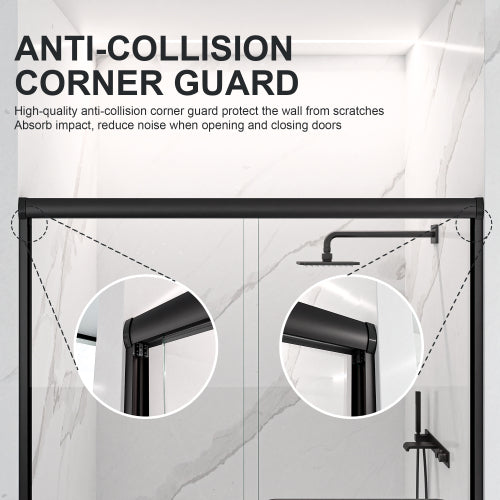 44"-48"W*72" H Semi-Frameless Double Sliding Shower Door, Bypass Shower Door, 1/4" (6mm) Thick SGCC Tempered Glass Door, Matte Black