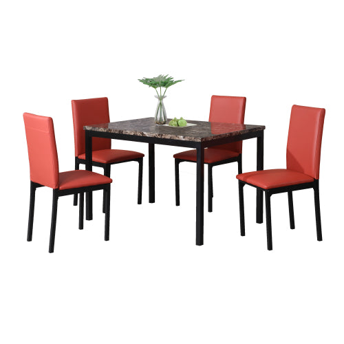 5-Piece Metal Dining Set, Faux Marble Top Table & 4 Red Faux Leather Chairs