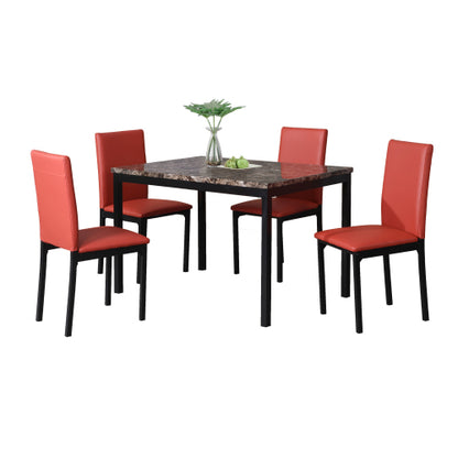 5-Piece Metal Dining Set, Faux Marble Top Table & 4 Red Faux Leather Chairs