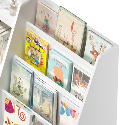 White 4-Tier Multi-functional Kids Wooden Bookshelf, MDF 2-Shelf 1-Bin Toddler Bedroom Storage Organizer