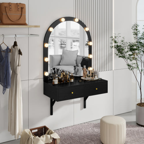 Black Floating Wall Mounted Vanity Desk with LED Mirror, 3 Color Lights, Power Outlet & USB, Large Storage