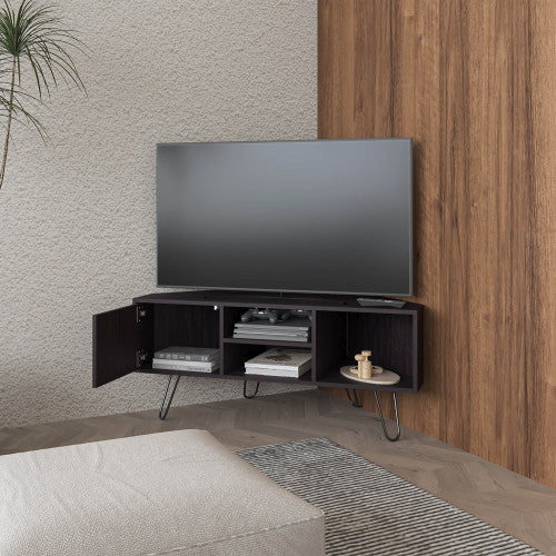 Corner Minimalist TV Stand with 3 Open Shelves & Single Door Storage Cabinet for Bedroom Living Room