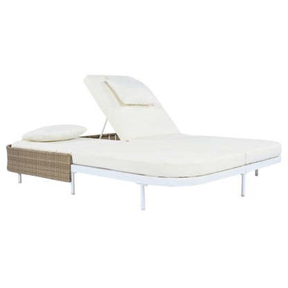 TREXM Outdoor Daybed, Patio Rattan Daybed with 5-Position Adjustable Backrest and Removable Cushions&Pillows, Iron Frame Outdoor Bed Loveseat for Garden, Backyard, Poolside (White Frame+Beige Cushion)