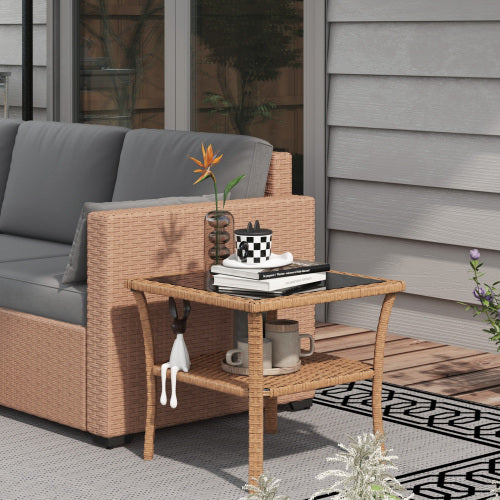 Outsunny Rattan Side Table Outdoor End Table with Storage Shelf Aluminum Frame Tempered Glass Top