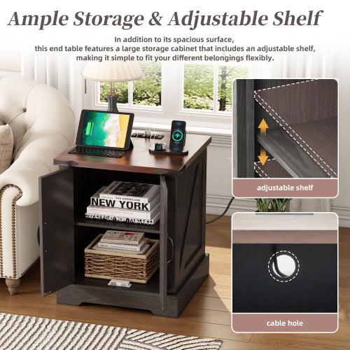 Farmhouse End Table with Charging Station, Rustic Nightstand with Barn Doors and Adjustable Shelf, Walnut Top Grey Cabinet