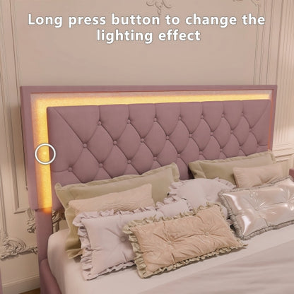 Queen Size Upholstered Bed Frame with LED Lights,Modern Velvet Platform Bed with Tufted Headboard,Pink