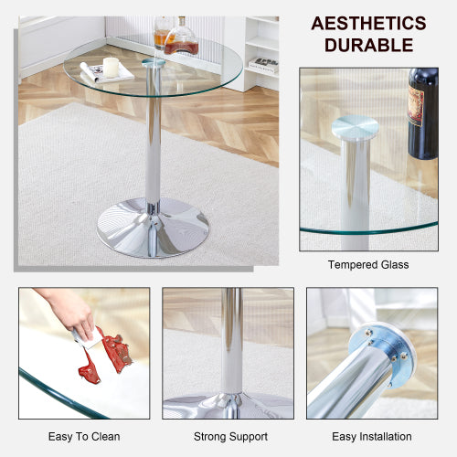 A glass tabletop with a diameter of 35 inches and a modern minimalist circular dining table with electroplated silver metal legs. Suitable for restaurants, living rooms, and conference rooms.