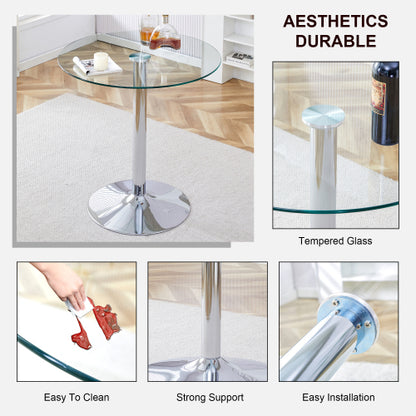 A glass tabletop with a diameter of 35 inches and a modern minimalist circular dining table with electroplated silver metal legs. Suitable for restaurants, living rooms, and conference rooms.