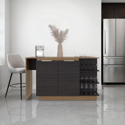 Kitchen Bar Counter with Shelves and Cabinets, Black Wengue / Natural Oak
