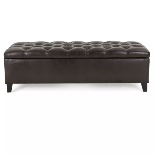 Dark Brown PU Storage Ottoman Bench, Tufted Upholstery with Rubber Wood Legs, 300 LBS Capacity, 51.18 inchL x17.52 inchW x18 inchH