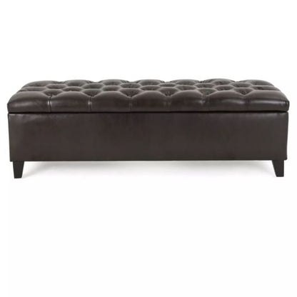 Dark Brown PU Storage Ottoman Bench, Tufted Upholstery with Rubber Wood Legs, 300 LBS Capacity, 51.18 inchL x17.52 inchW x18 inchH