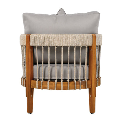 Acacia Wood Outdoor Club Chair with Handwoven Rope Accents & Curved Backrest - Water-Resistant Boho Patio Lounge Chair with Removable Cushions for Porch, Garden