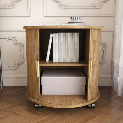 Osk Cylinder Nightstand, Mid-Century Round Side Table with USB Charging & Sliding Door