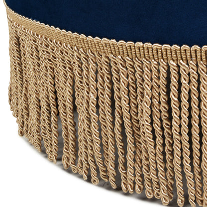 24 inch Round Upholstered Accent Ottoman, Navy Blue Velvet Ottoman with Gold Bullion Fringe Trim
