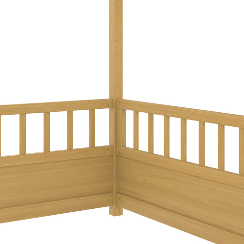 Full Size Floor Wooden Bed with House Roof Frame, Fence Guardrails(Full,Natural)