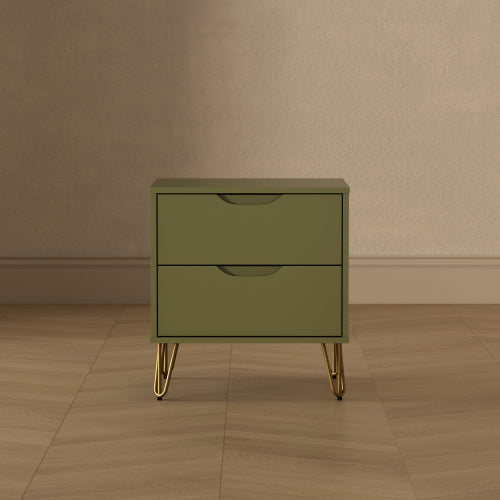 Olive Green Modern Nightstand, 2 Drawers & Metal Legs