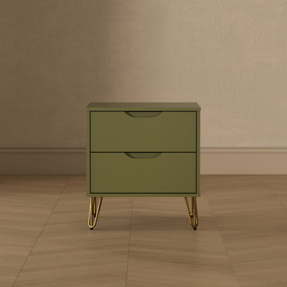 Olive Green Modern Nightstand, 2 Drawers & Metal Legs